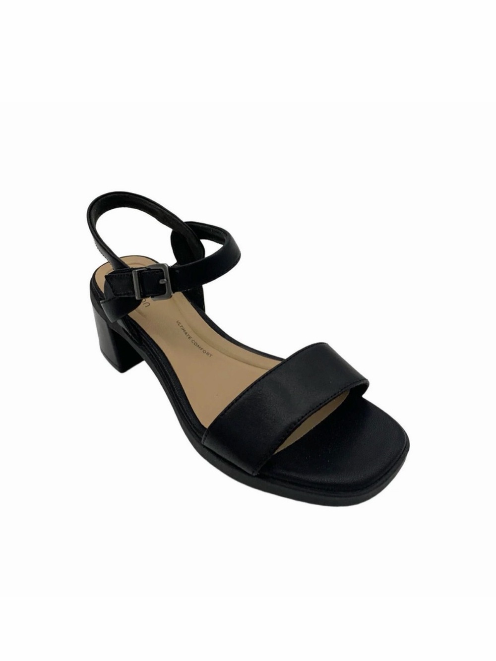 Clarks Black Open-Toe Block Heel Sandal with Ankle Buckle